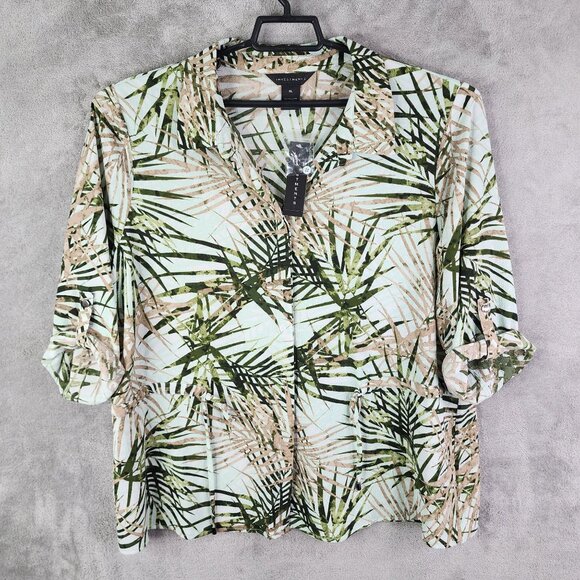 Womens Investments Tropical Leaf Print Blouse Shirt Button Up Roll Tab Sleeve XL - Picture 2 of 12